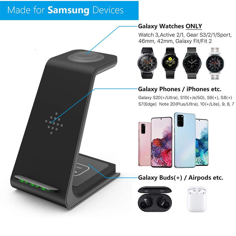 3-in-1 Qi-Certified Fast Wireless Charging Station for Samsung Phone Watch - Black