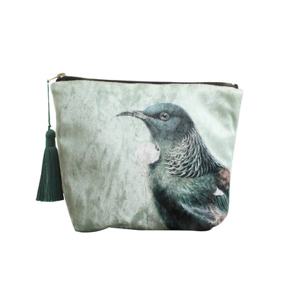 100 Percent NZ: Hushed Green Tui Velvet Cosmetic Bag